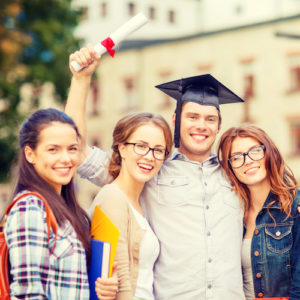 students or teenagers with files and diploma