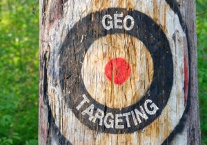 Geo Targeting – tree with target and text in the forest – Geotargeting, Geomarketing, Geolocation
